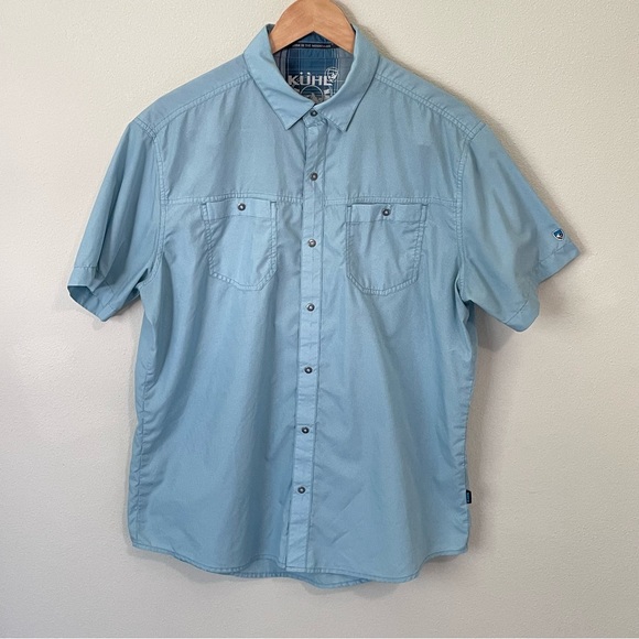 KUHL Shirt Mens L Blue Green Metal Button Up Short Sleeve Outdoor Hiking - Picture 1 of 13